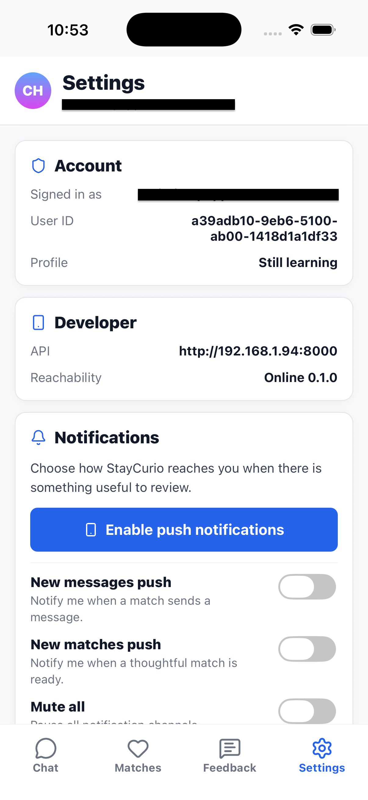 Real Life Friends screenshot: iOS settings