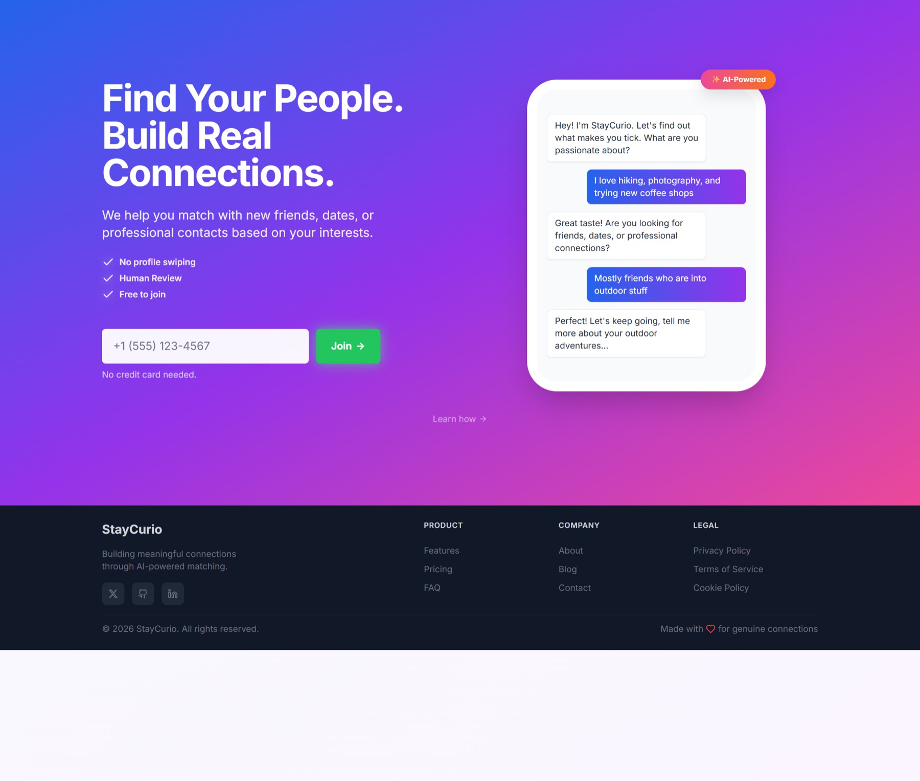 Real Life Friends screenshot: Landing page short view