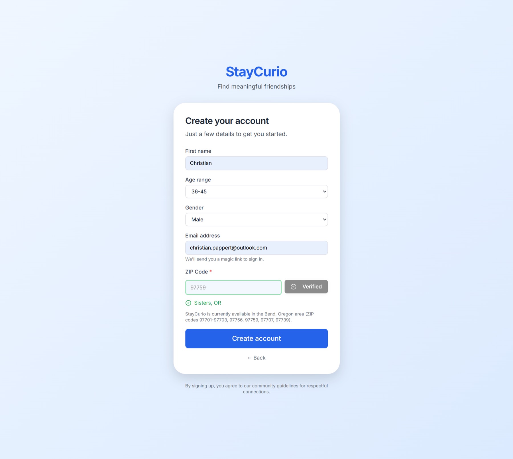 Real Life Friends screenshot: Signup step two